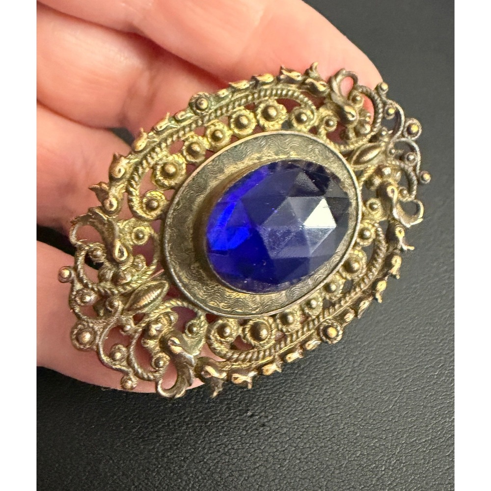 Vintage Rhinestone Sash Pin Brooch Victorian Revival Cobalt Blue
